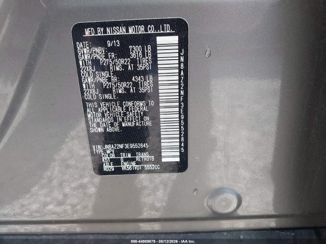 44989879 :رقم المزاد ، JN8AZ2NF3E9552845 vin ، 2014 Infiniti Qx80 مزاد بيع