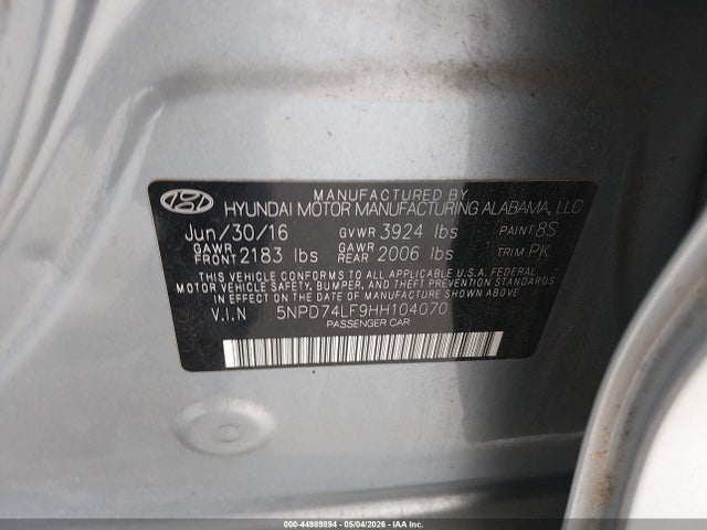 5NPD74LF9HH104070 Hyundai ELANTRA SE