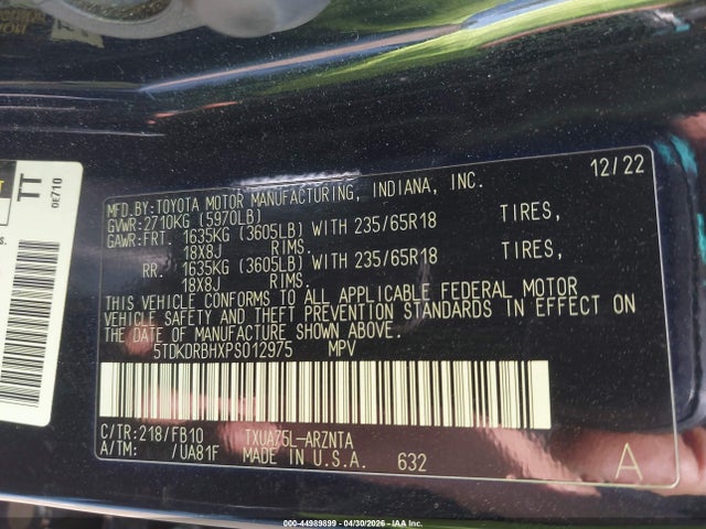 5TDKDRBHXPS012975 Toyota Highlander Le