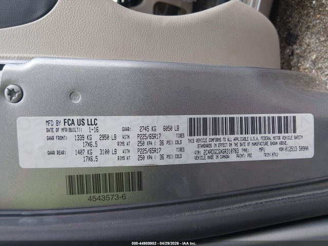 Aukcja sprzedaży 2016 Dodge Grand Caravan Sxt, vin: 2C4RDGCGXGR310783, numer aukcji: 44989902