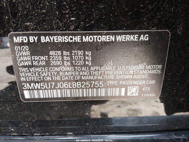 Aukcja sprzedaży 2020 Bmw M340i, vin: 3MW5U7J06L8B25755, numer aukcji: 44989910