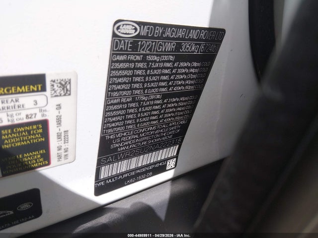 44989911 :رقم المزاد ، SALWR2SU2NA222318 vin ، 2022 Land Rover Range Rover Sport Hse Silver Edition Mhev مزاد بيع