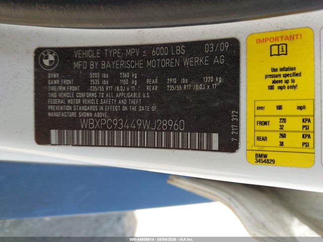 Продаж на аукціоні авто 2009 Bmw X3 Xdrive30i, vin: WBXPC93449WJ28960, номер лоту: 44989914