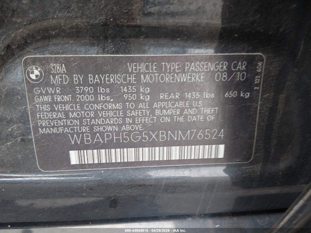 44989918 :رقم المزاد ، WBAPH5G5XBNM76524 vin ، 2011 Bmw 328i مزاد بيع