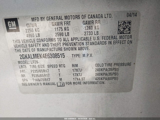 Aukcja sprzedaży 2014 Gmc Terrain Sle-1, vin: 2GKALMEK4E6308515, numer aukcji: 44989920