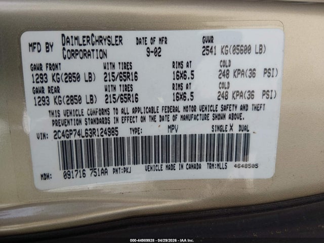 Aukcja sprzedaży 2003 Chrysler Town & Country Ex, vin: 2C4GP74L63R124985, numer aukcji: 44989928