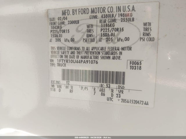 Продаж на аукціоні авто 2004 Ford Ranger Edge/xl/xlt, vin: 1FTYR10U44PA91076, номер лоту: 44989929