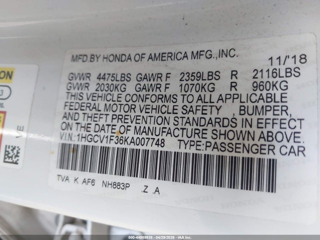 1HGCV1F36KA007748 Honda Accord Sport