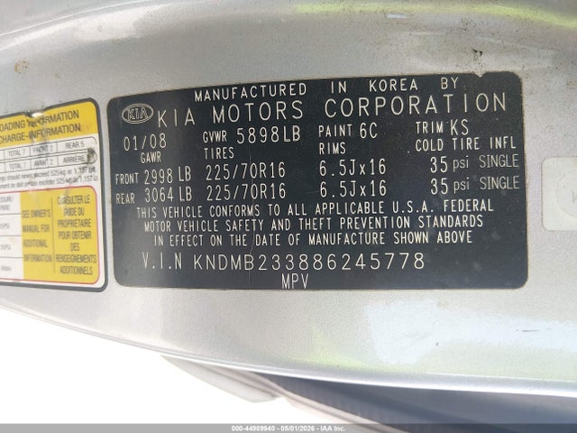 Продаж на аукціоні авто 2008 Kia Sedona Lx, vin: KNDMB233886245778, номер лоту: 44989940