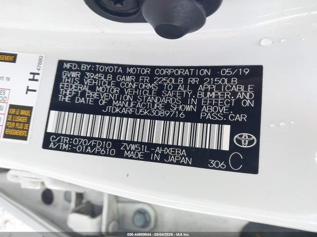 Продаж на аукціоні авто 2019 Toyota Prius Le, vin: JTDKARFU5K3089716, номер лоту: 44989944