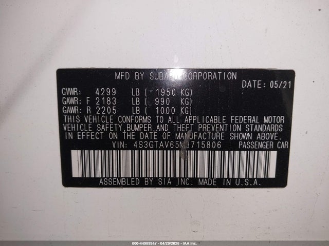 Aukcja sprzedaży 2021 Subaru Impreza Premium 5-door, vin: 4S3GTAV65M3715806, numer aukcji: 44989947