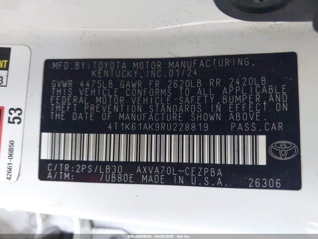 44989954 :رقم المزاد ، 4T1K61AK9RU228819 vin ، 2024 Toyota Camry Xse مزاد بيع