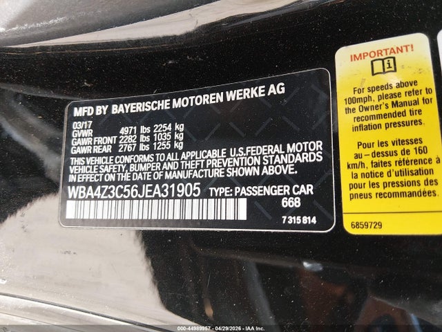 2018 Bmw 430i Xdrive მანქანა იყიდება აუქციონზე, vin: WBA4Z3C56JEA31905, აუქციონის ნომერი: 44989957