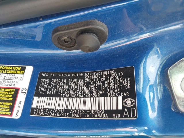 Aukcja sprzedaży 2010 Toyota Corolla S, vin: 2T1BU4EE8AC490266, numer aukcji: 44989967