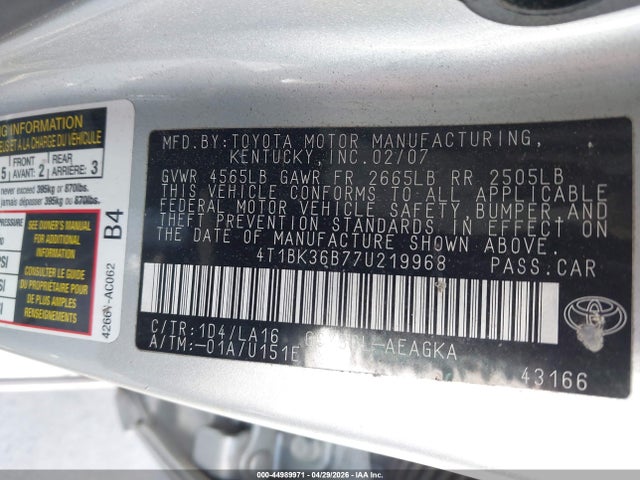 Aukcja sprzedaży 2007 Toyota Avalon Xls, vin: 4T1BK36B77U219968, numer aukcji: 44989971