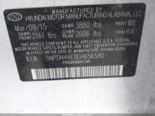 2016 Hyundai Elantra Se მანქანა იყიდება აუქციონზე, vin: 5NPDH4AE0GH656580, აუქციონის ნომერი: 44989984