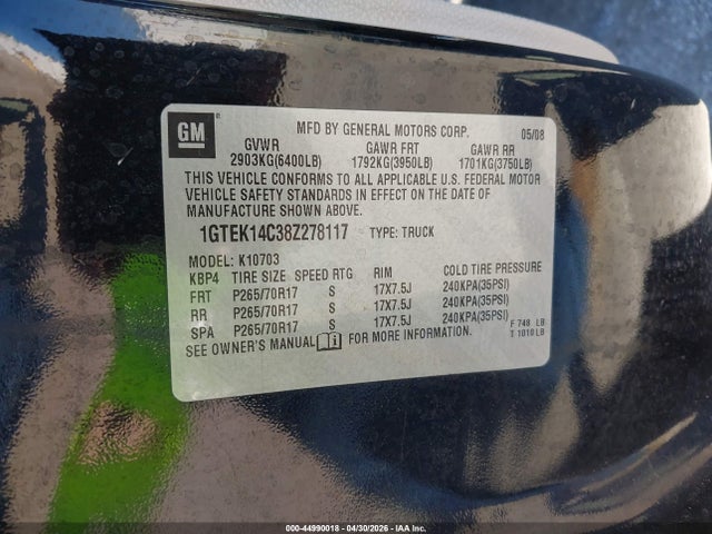 Aukcja sprzedaży 2008 Gmc Sierra 1500 Sle1, vin: 1GTEK14C38Z278117, numer aukcji: 44990018