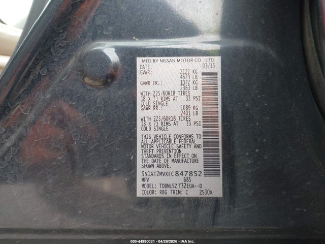 Aukcja sprzedaży 2015 Nissan Rogue Sl, vin: 5N1AT2MVXFC847852, numer aukcji: 44990021