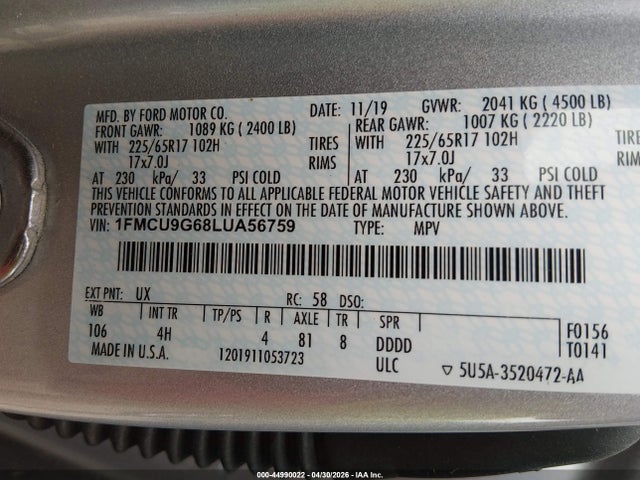 Продаж на аукціоні авто 2020 Ford Escape Se, vin: 1FMCU9G68LUA56759, номер лоту: 44990022