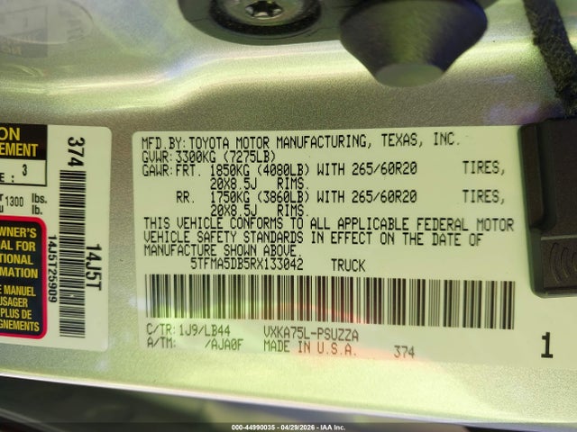 2024 Toyota Tundra 1794 Edition მანქანა იყიდება აუქციონზე, vin: 5TFMA5DB5RX133042, აუქციონის ნომერი: 44990035