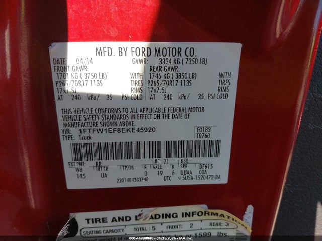 Ford F-150 Xlt 2014 1FTFW1EF8EKE45920 Image 9