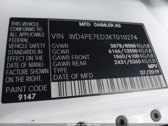 44990049 :رقم المزاد ، WD4PE7ED3KT010274 vin ، 2019 Mercedes-benz Sprinter 1500 Standard Roof I4 مزاد بيع