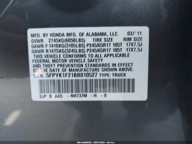 44990050 :رقم المزاد ، 5FPYK1F21BB010527 vin ، 2011 Honda Ridgeline Rt مزاد بيع