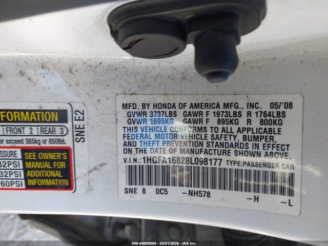 Aukcja sprzedaży 2008 Honda Civic Ex, vin: 1HGFA16828L098177, numer aukcji: 44990060