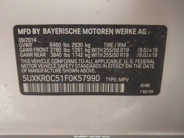 2015 Bmw X5 Xdrive35i მანქანა იყიდება აუქციონზე, vin: 5UXKR0C51F0K57990, აუქციონის ნომერი: 44990081