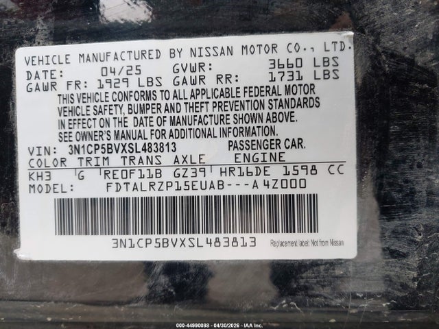 Aukcja sprzedaży 2025 Nissan Kicks Play S, vin: 3N1CP5BVXSL483813, numer aukcji: 44990088