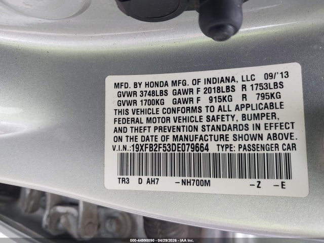 44990090 :رقم المزاد ، 19XFB2F53DE079664 vin ، 2013 Honda Civic Lx مزاد بيع