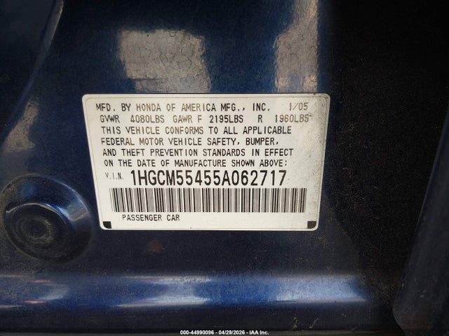 44990096 :رقم المزاد ، 1HGCM55455A062717 vin ، 2005 Honda Accord 2.4 Lx مزاد بيع