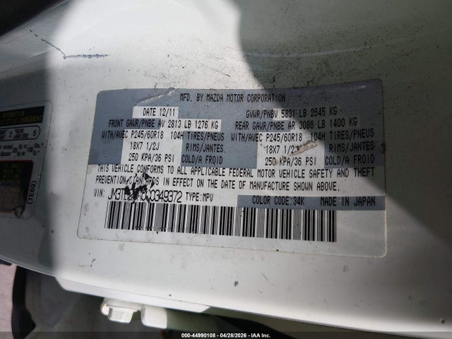 Aukcja sprzedaży 2012 Mazda Cx-9 Touring, vin: JM3TB2CA0C0349372, numer aukcji: 44990108