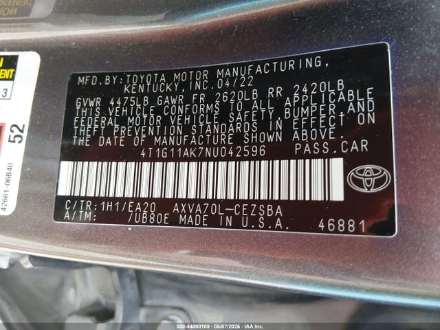 Aukcja sprzedaży 2022 Toyota Camry Se, vin: 4T1G11AK7NU042596, numer aukcji: 44990109