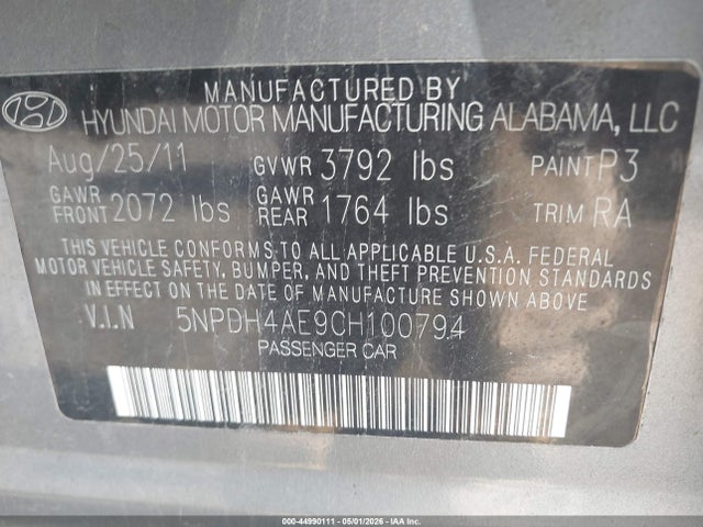 Aukcja sprzedaży 2012 Hyundai Elantra Limited, vin: 5NPDH4AE9CH100794, numer aukcji: 44990111