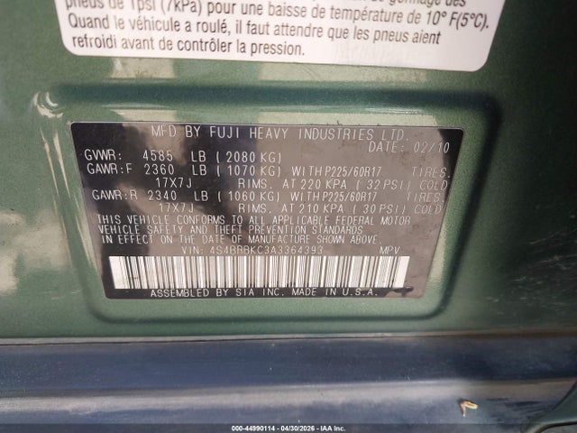 Продаж на аукціоні авто 2010 Subaru Outback 2.5i Limited, vin: 4S4BRBKC3A3364393, номер лоту: 44990114