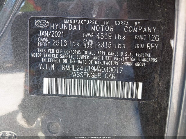 Aukcja sprzedaży 2021 Hyundai Sonata Blue, vin: KMHL24JJ9MA030017, numer aukcji: 44990122