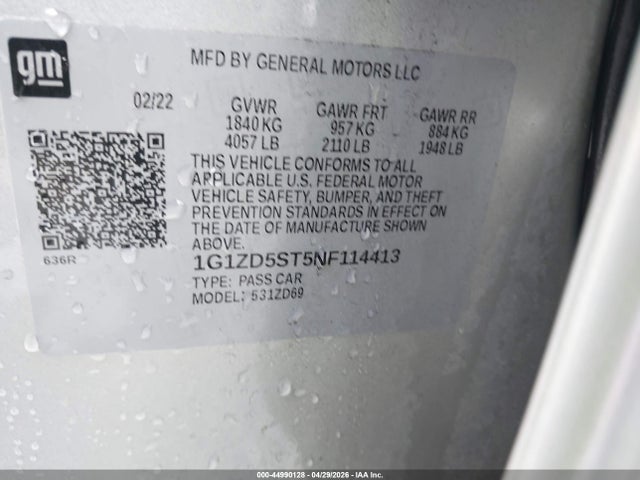 44990128 :رقم المزاد ، 1G1ZD5ST5NF114413 vin ، 2022 Chevrolet Malibu Fwd Lt مزاد بيع