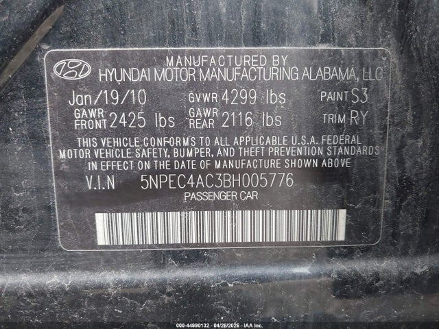 2011 Hyundai Sonata Ltd მანქანა იყიდება აუქციონზე, vin: 5NPEC4AC3BH005776, აუქციონის ნომერი: 44990132