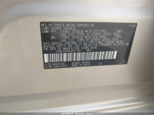Aukcja sprzedaży 2006 Toyota Rav4, vin: JTMZD33VX66001781, numer aukcji: 44990140