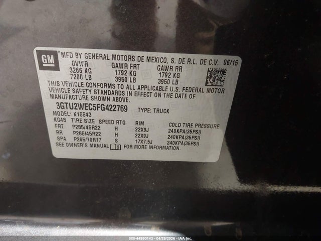 2015 Gmc Sierra 1500 Denali მანქანა იყიდება აუქციონზე, vin: 3GTU2WEC5FG422769, აუქციონის ნომერი: 44990143