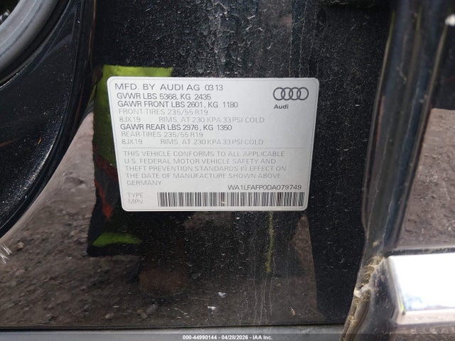 44990144 :رقم المزاد ، WA1LFAFP0DA079749 vin ، 2013 Audi Q5 2.0t Premium مزاد بيع