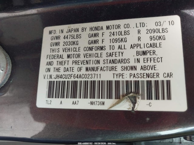 44990152 :رقم المزاد ، JH4CU2F64AC023711 vin ، 2010 Acura Tsx 2.4 مزاد بيع