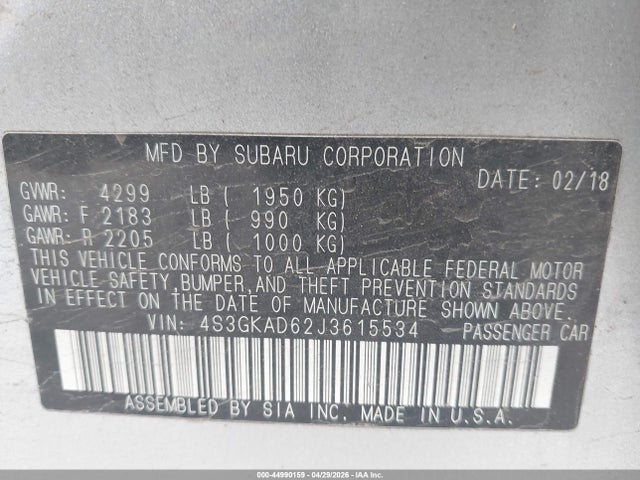 Aukcja sprzedaży 2018 Subaru Impreza 2.0i Premium, vin: 4S3GKAD62J3615534, numer aukcji: 44990159