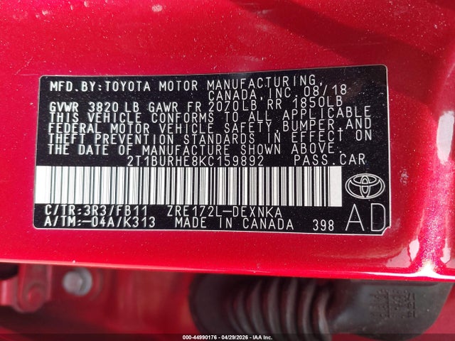 44990176 :رقم المزاد ، 2T1BURHE8KC159892 vin ، 2019 Toyota Corolla Le مزاد بيع