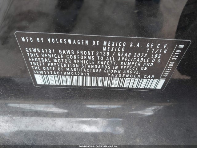 2017 Volkswagen Golf Tsi S 4-door/tsi Wolfsburg Edition 4-door მანქანა იყიდება აუქციონზე, vin: 3VW117AU1HM032019, აუქციონის ნომერი: 44990183