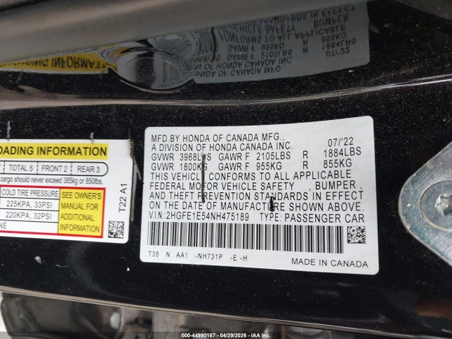 Aukcja sprzedaży 2022 Honda Civic Si Sedan, vin: 2HGFE1E54NH475189, numer aukcji: 44990187