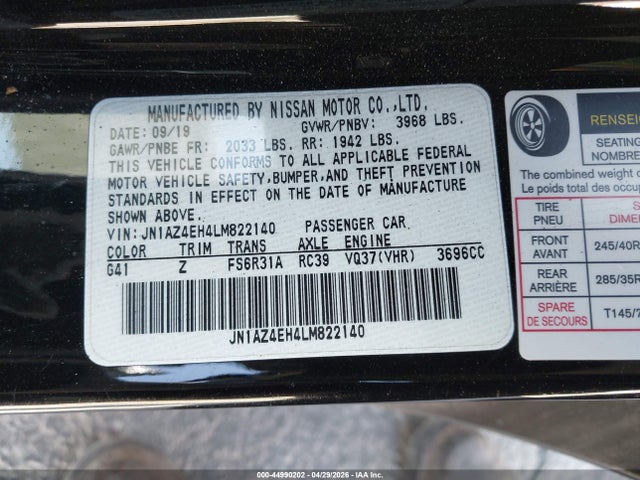 Aukcja sprzedaży 2020 Nissan 370z Nismo 6-speed Manual, vin: JN1AZ4EH4LM822140, numer aukcji: 44990202