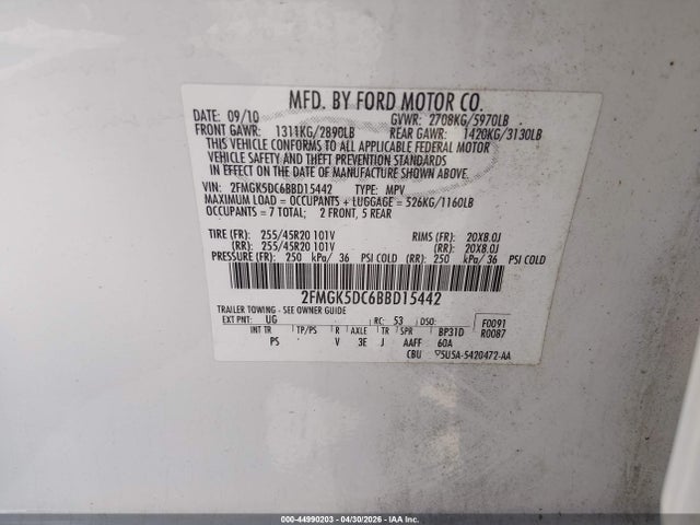 2011 Ford Flex Limited მანქანა იყიდება აუქციონზე, vin: 2FMGK5DC6BBD15442, აუქციონის ნომერი: 44990203