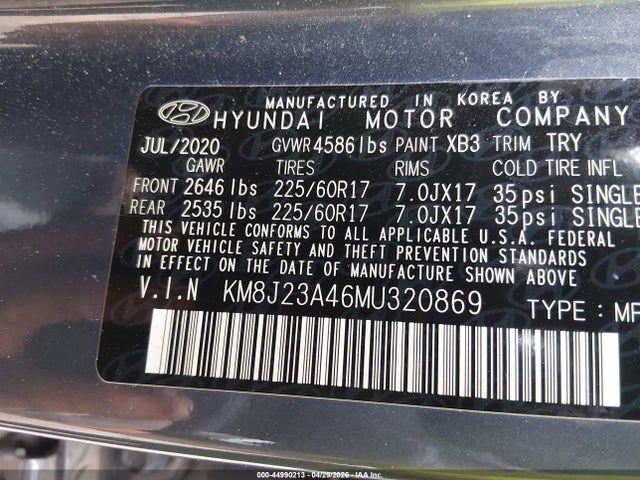 Aukcja sprzedaży 2021 Hyundai Tucson Se, vin: KM8J23A46MU320869, numer aukcji: 44990213